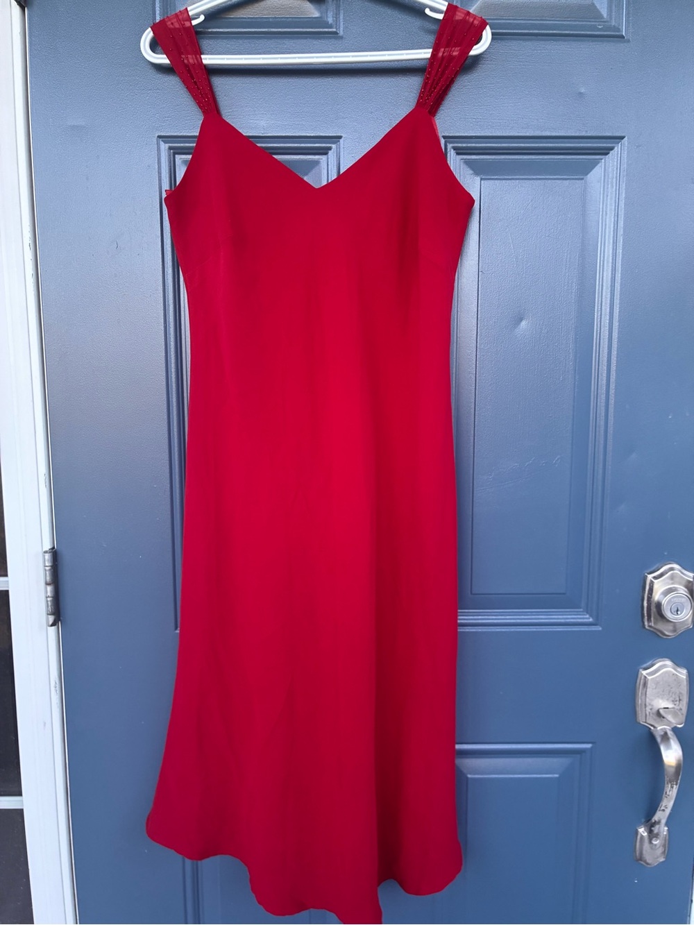 Red V-neck Evan Picone dress Size 12 Like New; fully lined; beaded straps